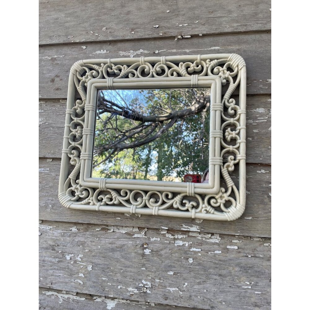 Vintage 1970s Syroco Homco White Faux Wicker Rattan Wall Mirror 14.5x12.5